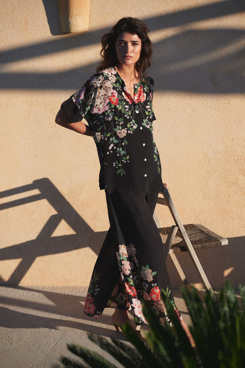 Trailing Blossom Black Crepe Palazzo Pants