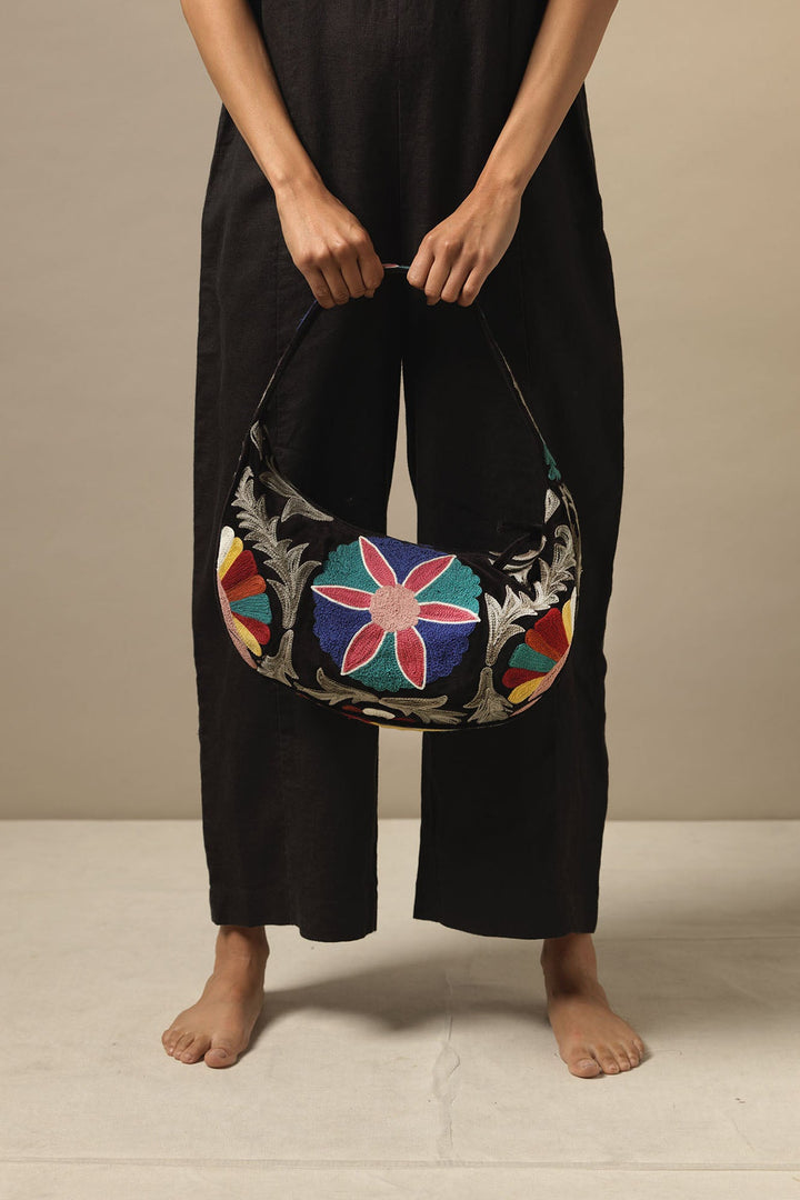 Embroidered Black Velvet Baguette Bag