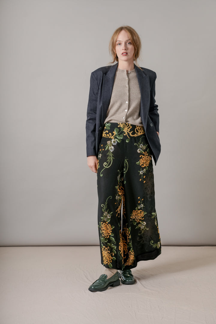 Chrysanthemum Black Crepe Palazzo Pants