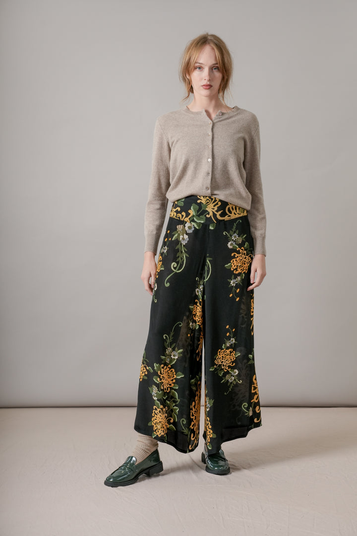 Chrysanthemum Black Crepe Palazzo Pants