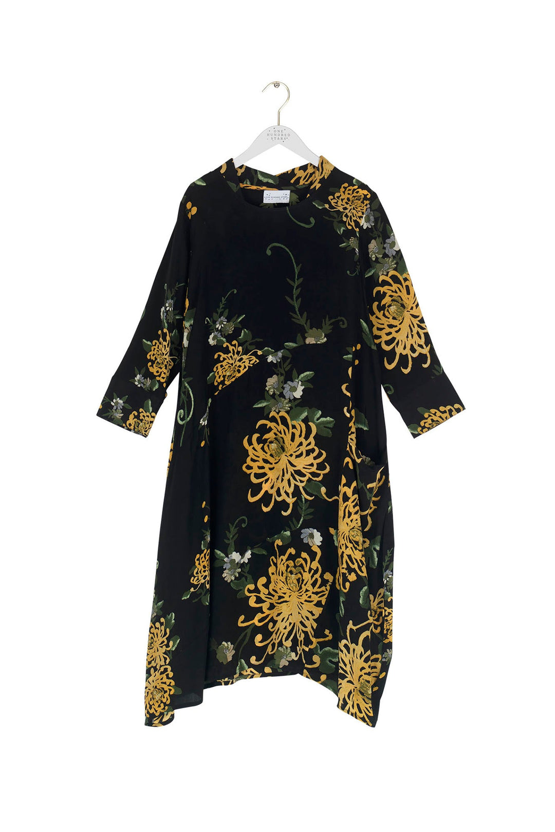 Chrysanthemum Black Asymmetric Dress