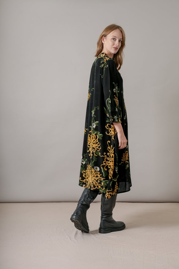 Chrysanthemum Black Asymmetric Dress