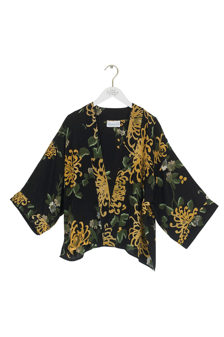 Chrysanthemum Black Crepe Kimono