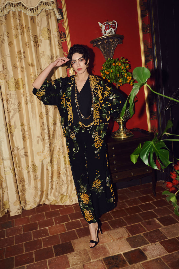 Chrysanthemum Black Crepe Kimono