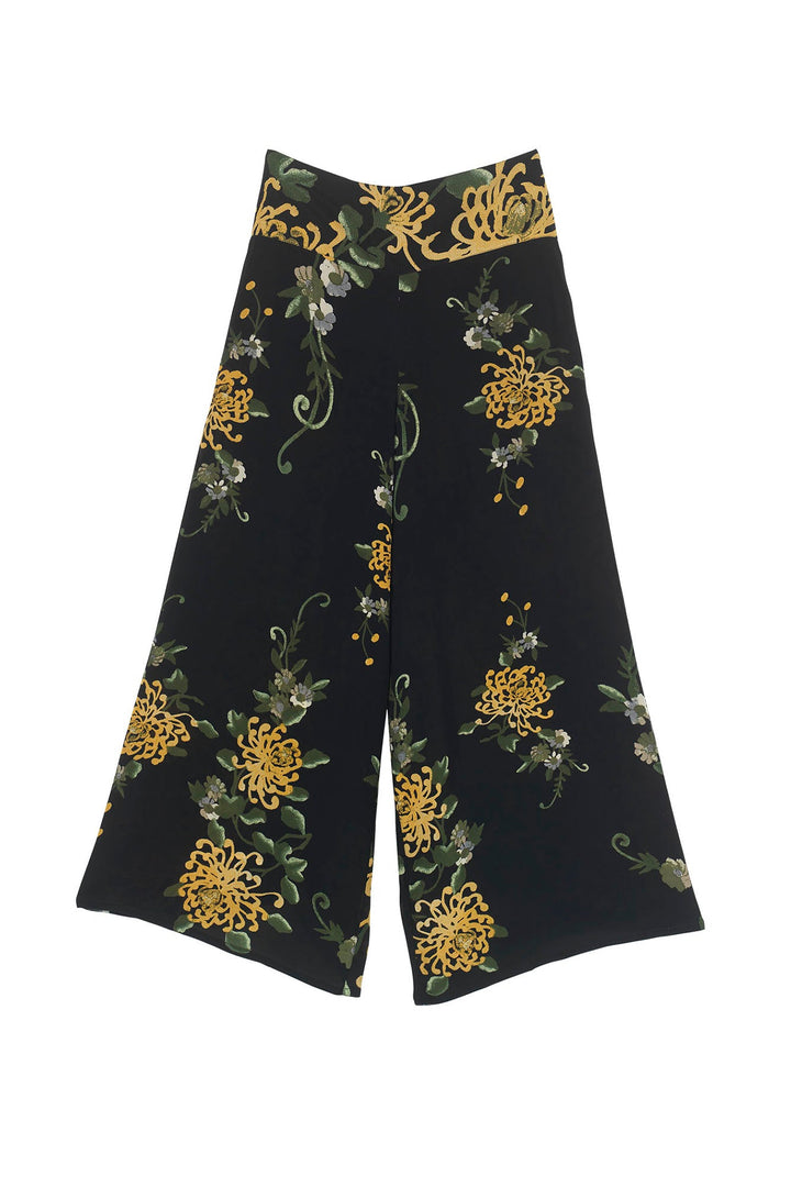 Chrysanthemum Black Crepe Palazzo Pants