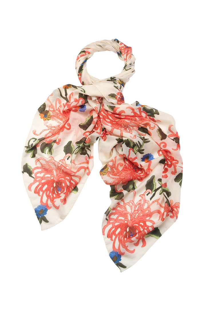 Women's accessories. Large scarf in ecru with chrysanthemum print by One Hundred Stars