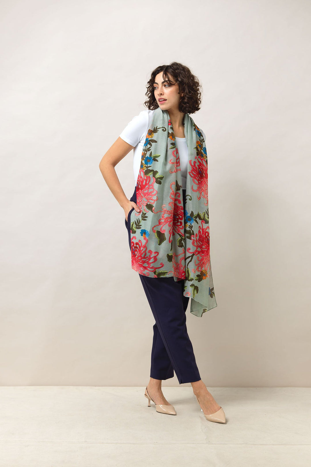 Women's accessories, large scarf in aqua with chrysanthemum print by One Hundred Stars