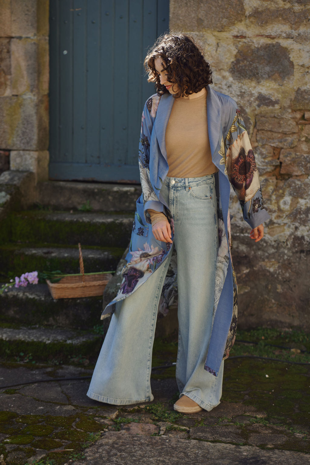 Women's lightweight loungewear gown in cornflower blue with daisy floral print by One Hundred Stars