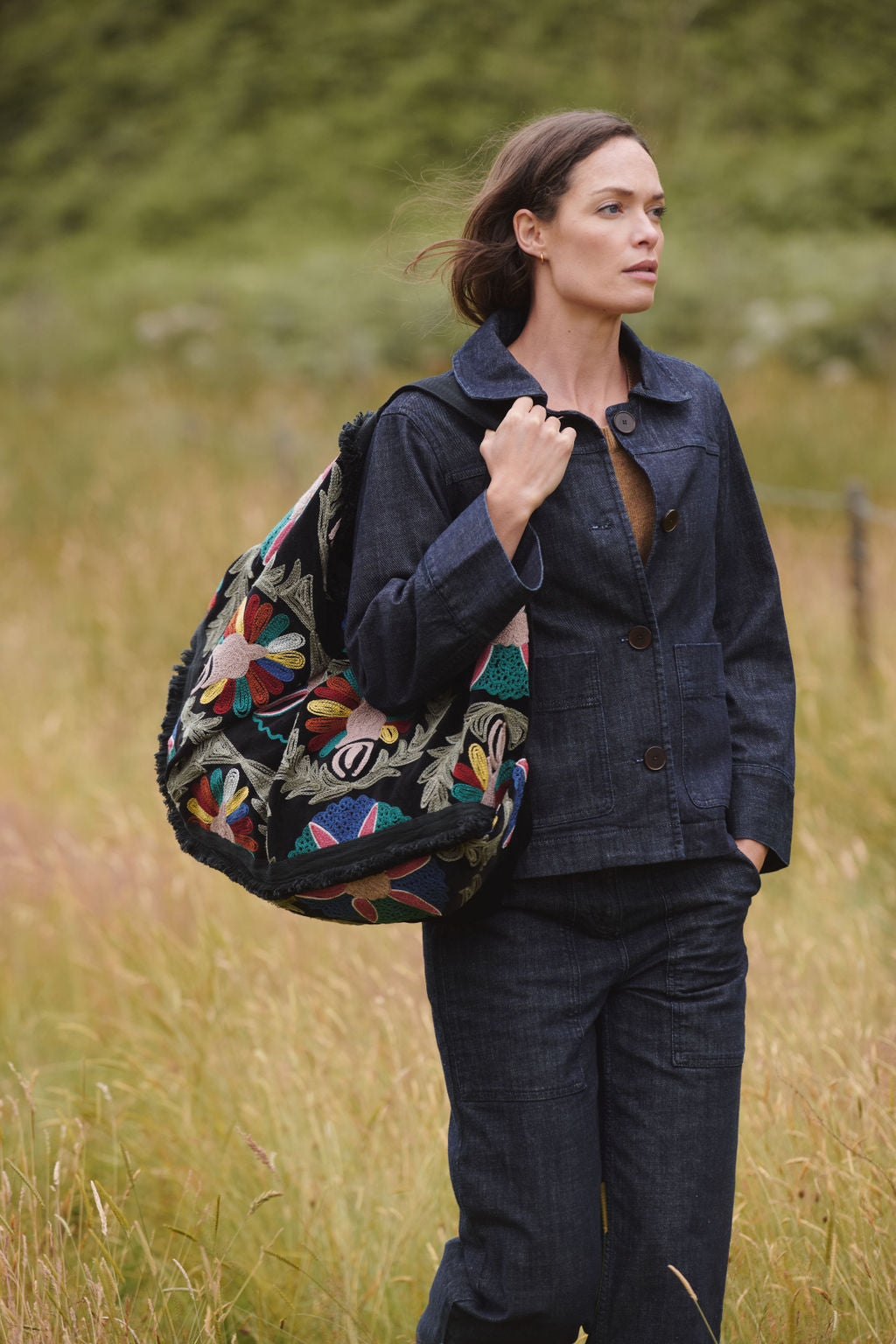 Embroidered Black Velvet Slouch Bag