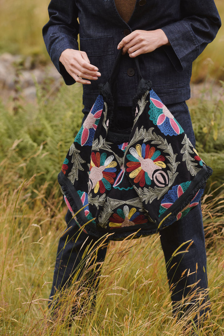 Embroidered Black Velvet Slouch Bag