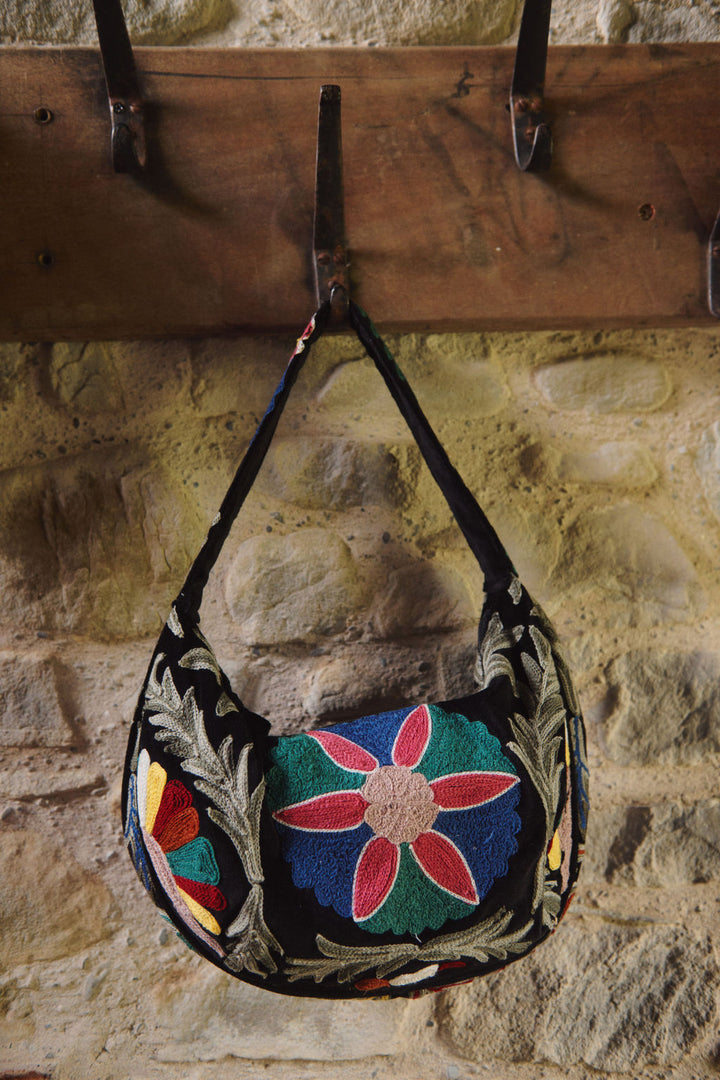 Embroidered Black Velvet Baguette Bag