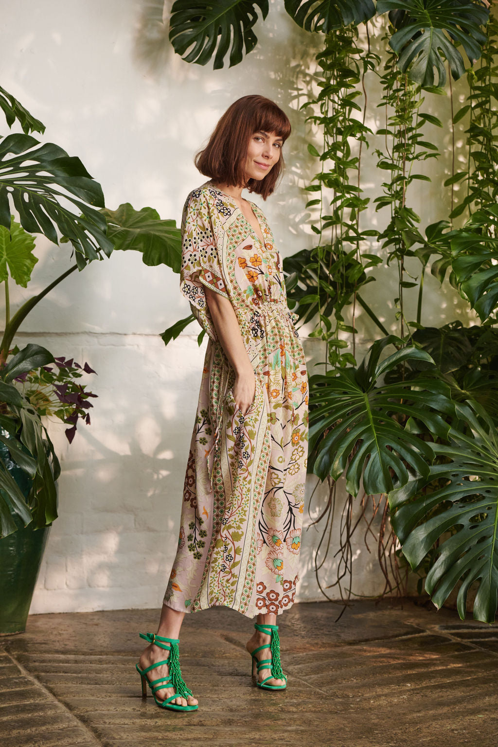 ethical and sustainable floral printed dress with v neck by one hundred stars 