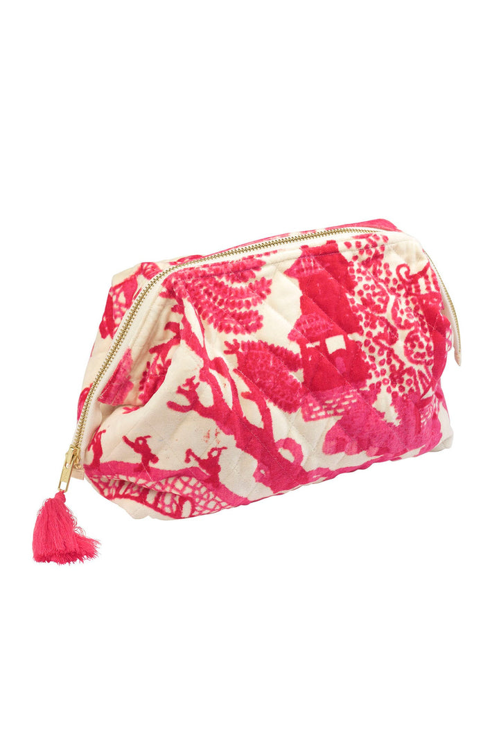 Women's accessories, gifts for her. Velvet make-up bag and clutch bag in pink and white giant willow print by One Hundred Stars