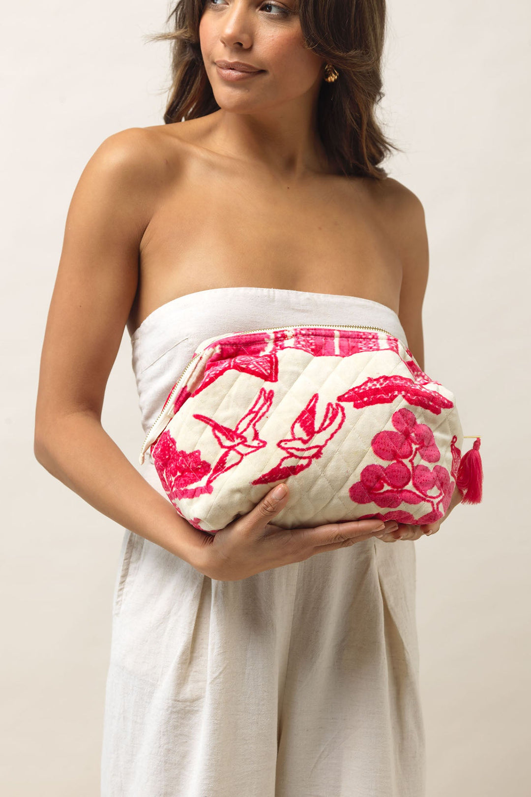 Women's accessories, gifts for her. Velvet make-up bag and clutch bag in pink and white giant willow print by One Hundred Stars