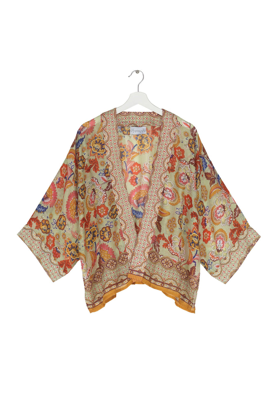 Women's short kimono  in taupe with Indian flower floral print by One Hundred Stars 