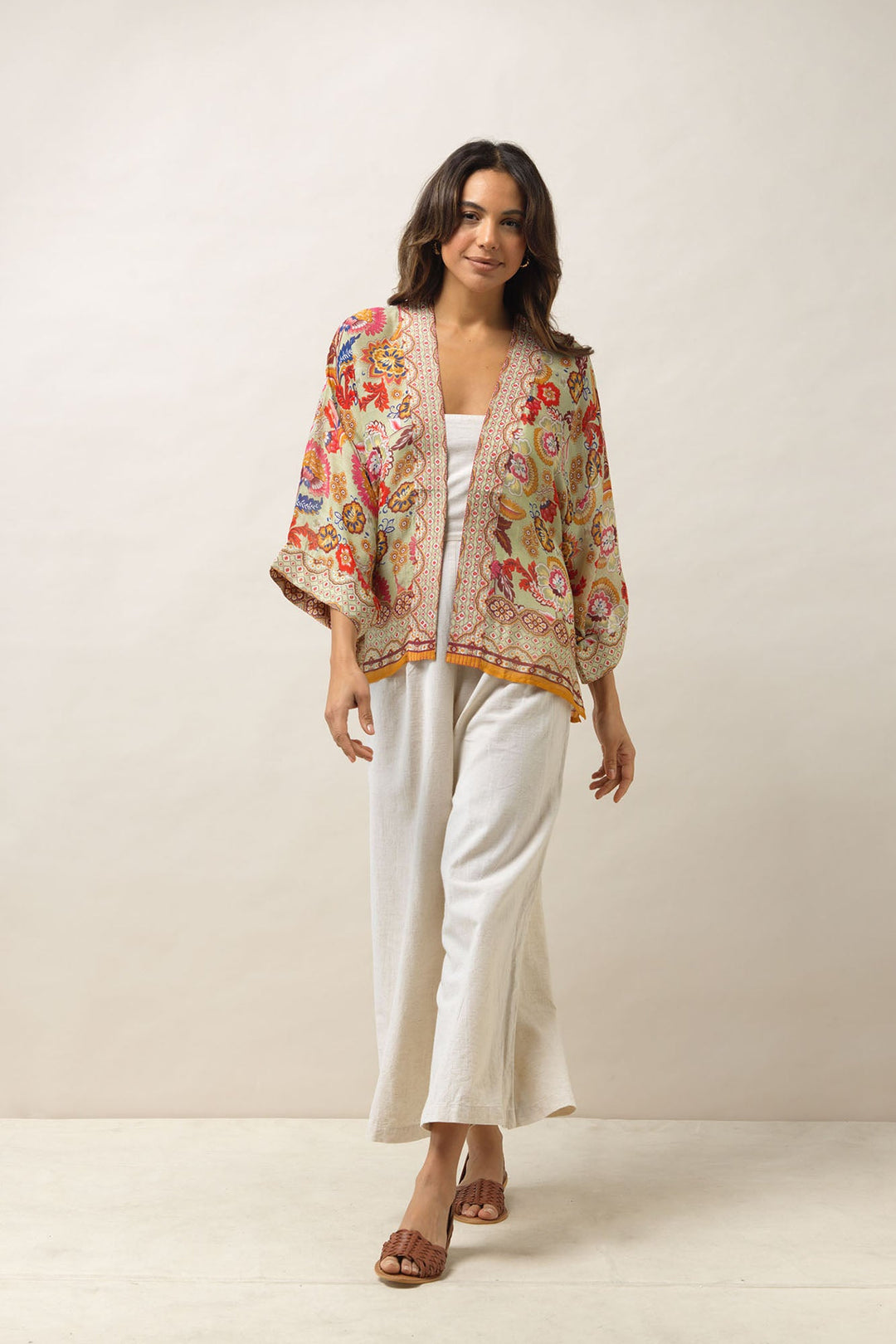 Women's short kimono in taupe with Indian flower floral print by One Hundred Stars