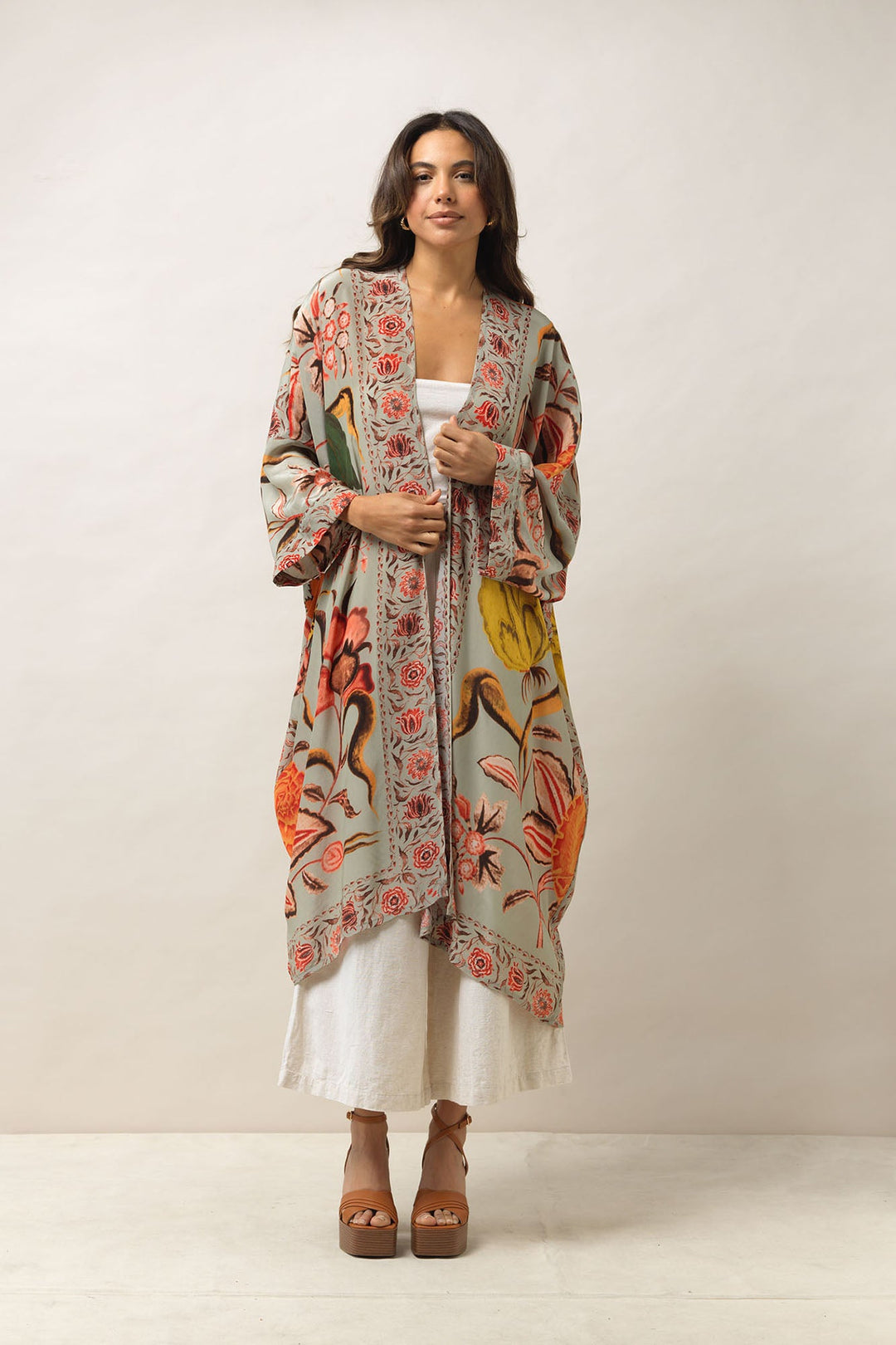 Women's long kimono in green with floral joy print by One Hundred Stars