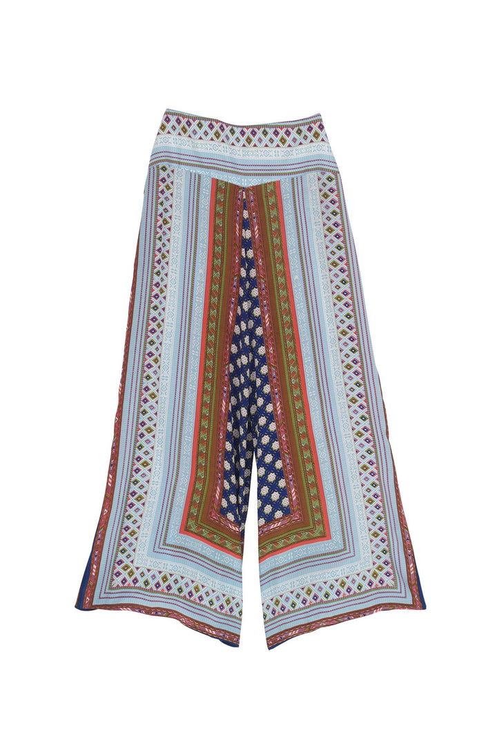 Women's palazzo trouser pants in indigo with a moorish print by One Hundred Stars