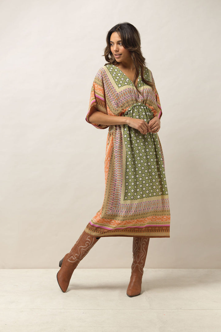 Women's lightweight beach cover up dress with tie waist in green with Moorish print by One Hundred Stars