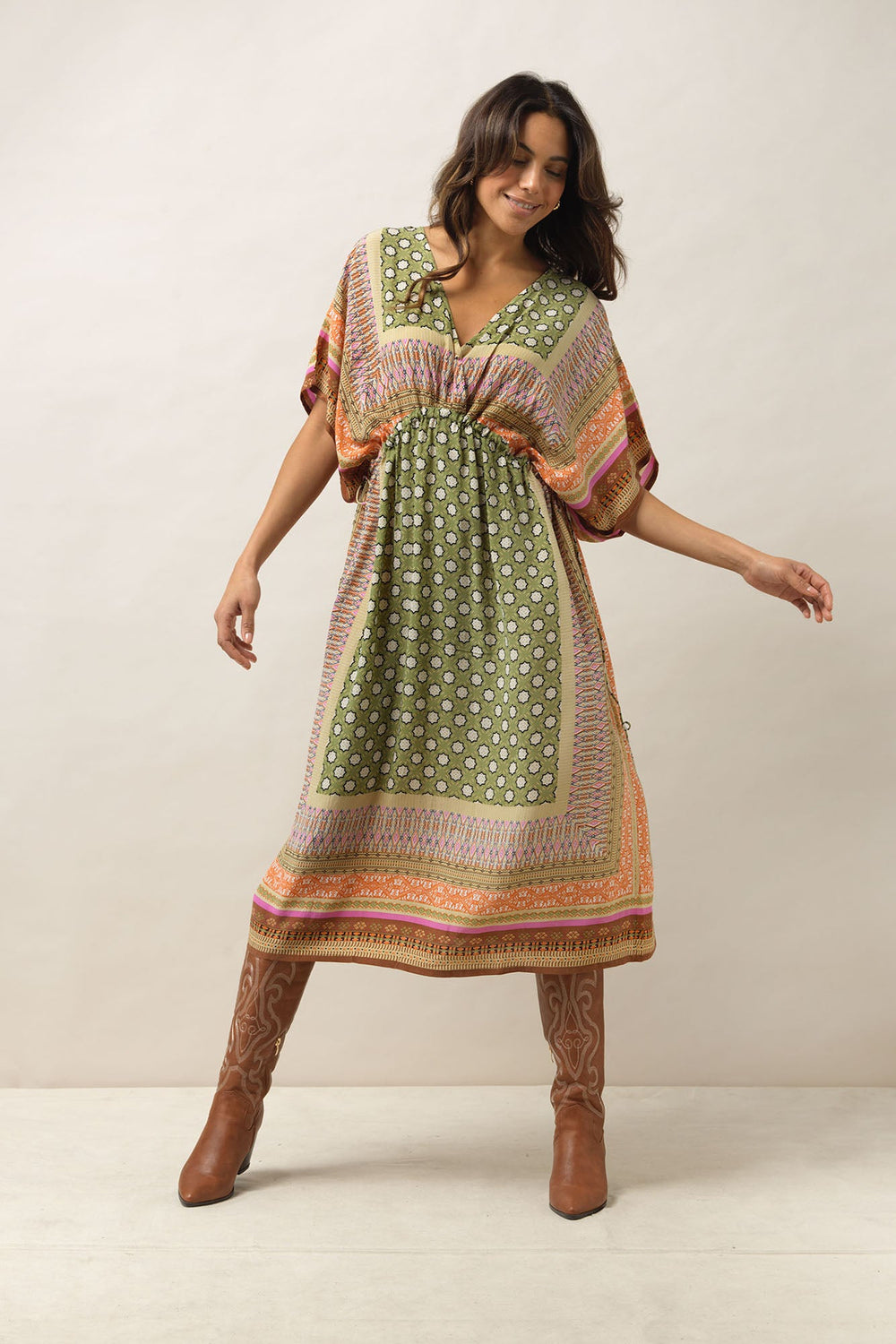 Women's lightweight beach cover up dress with tie waist in green with Moorish print by One Hundred Stars