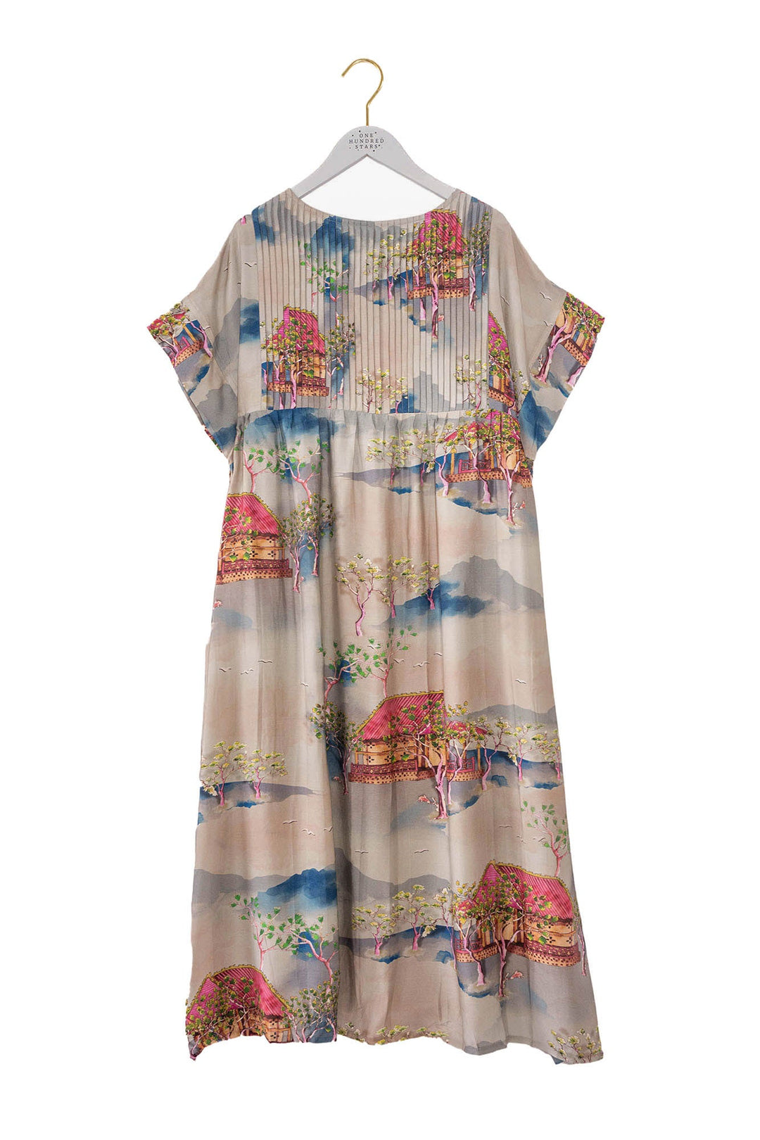 Oriental Landscape Grey Pleat Dress