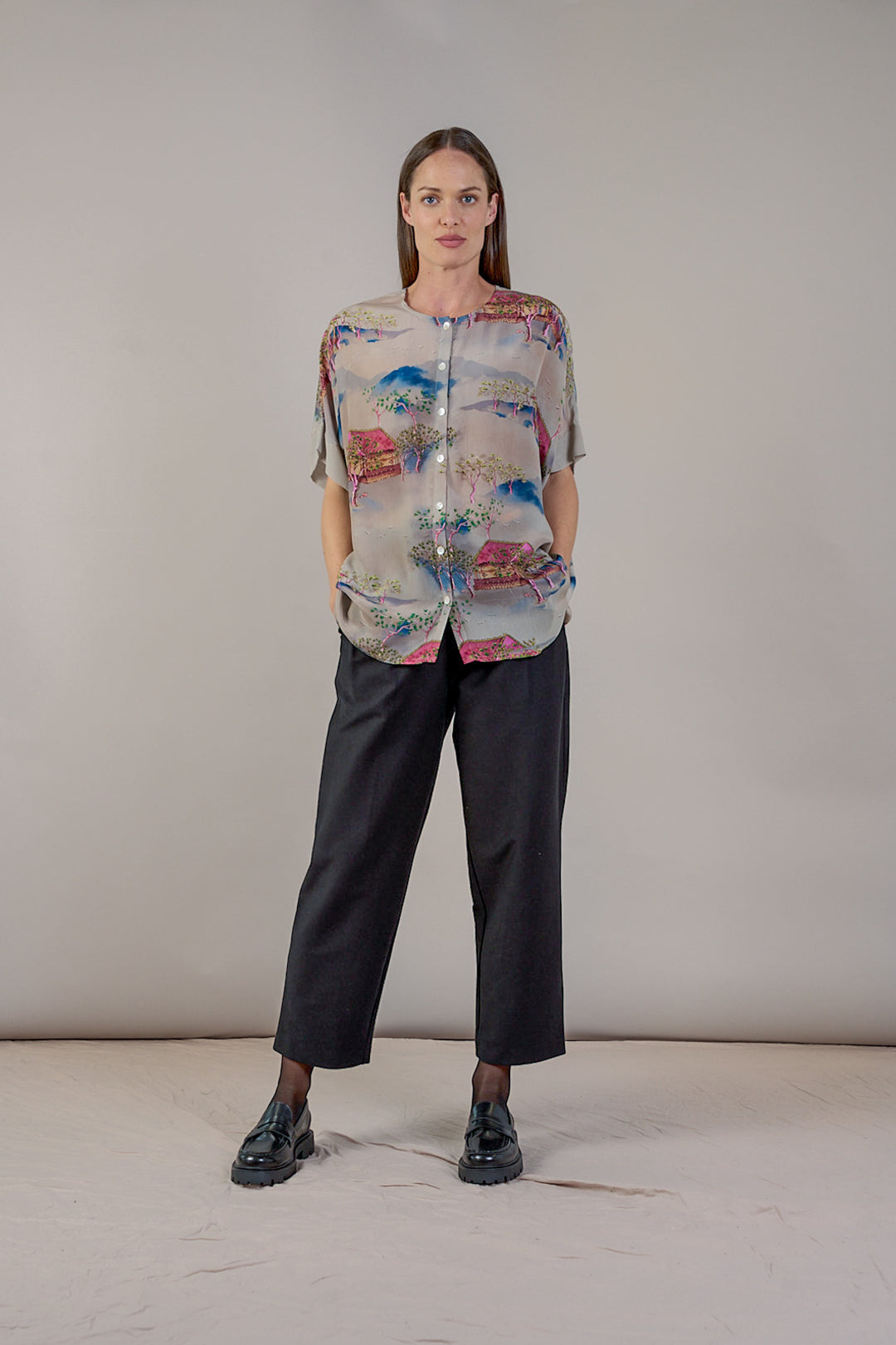 Oriental Landscape Grey Tea Blouse