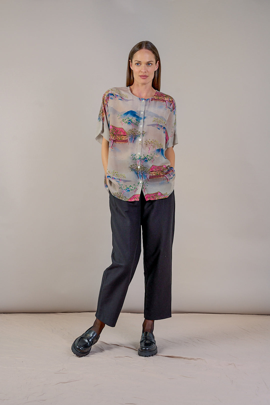 Oriental Landscape Grey Tea Blouse