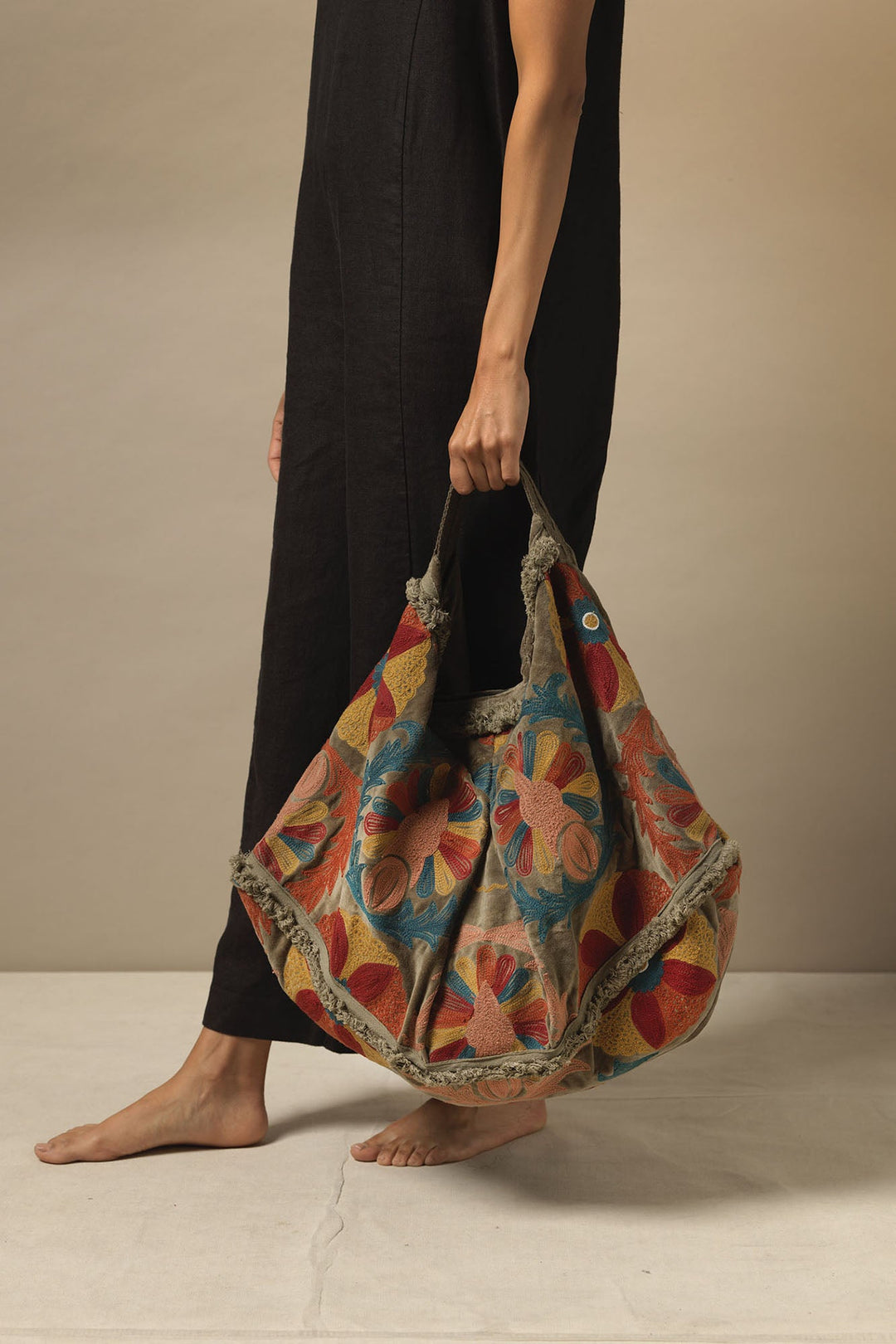 Embroidered Mink Velvet Slouch Bag