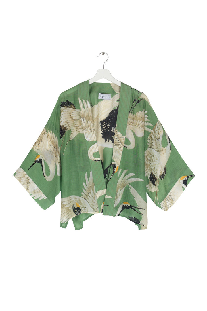 Women's short kimono in pea green and white stork print by One Hundred Stars