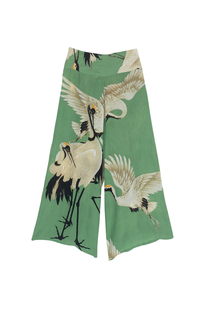 Women's palazzo pants trousers crepe in in pea green and white stork print by One Hundred Stars