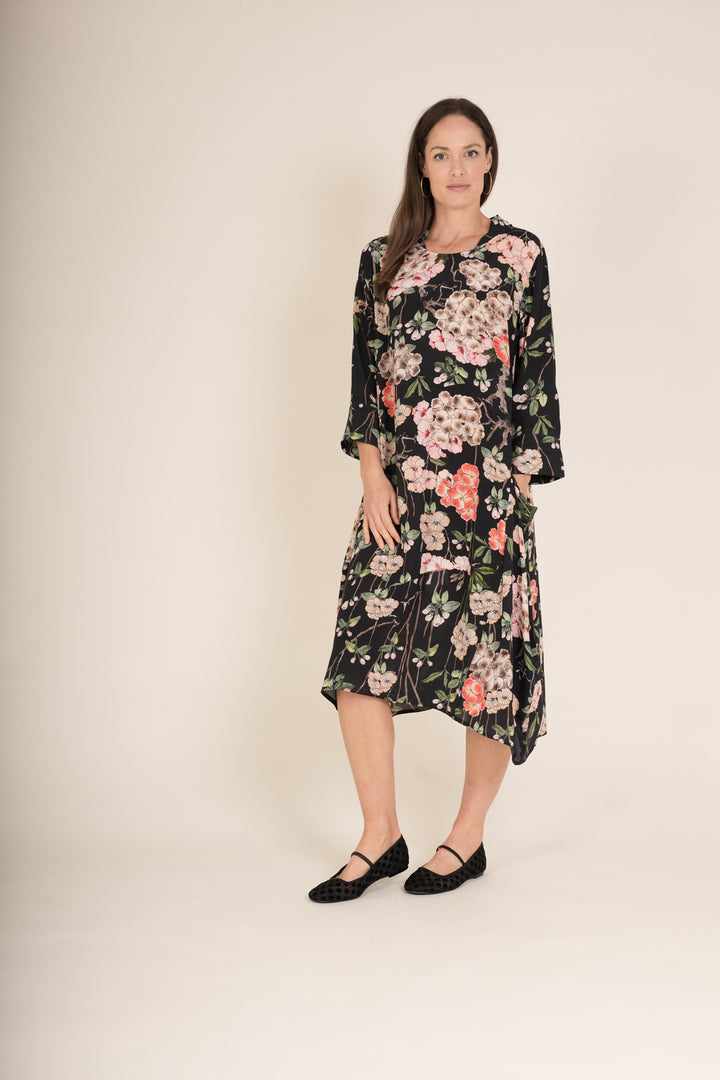 Trailing Blossom Black Asymmetric Dress