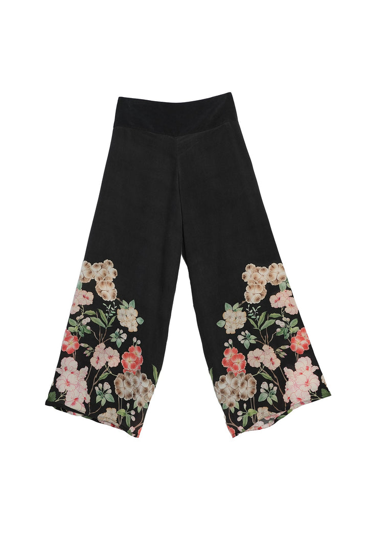 Trailing Blossom Black Crepe Palazzo Pants