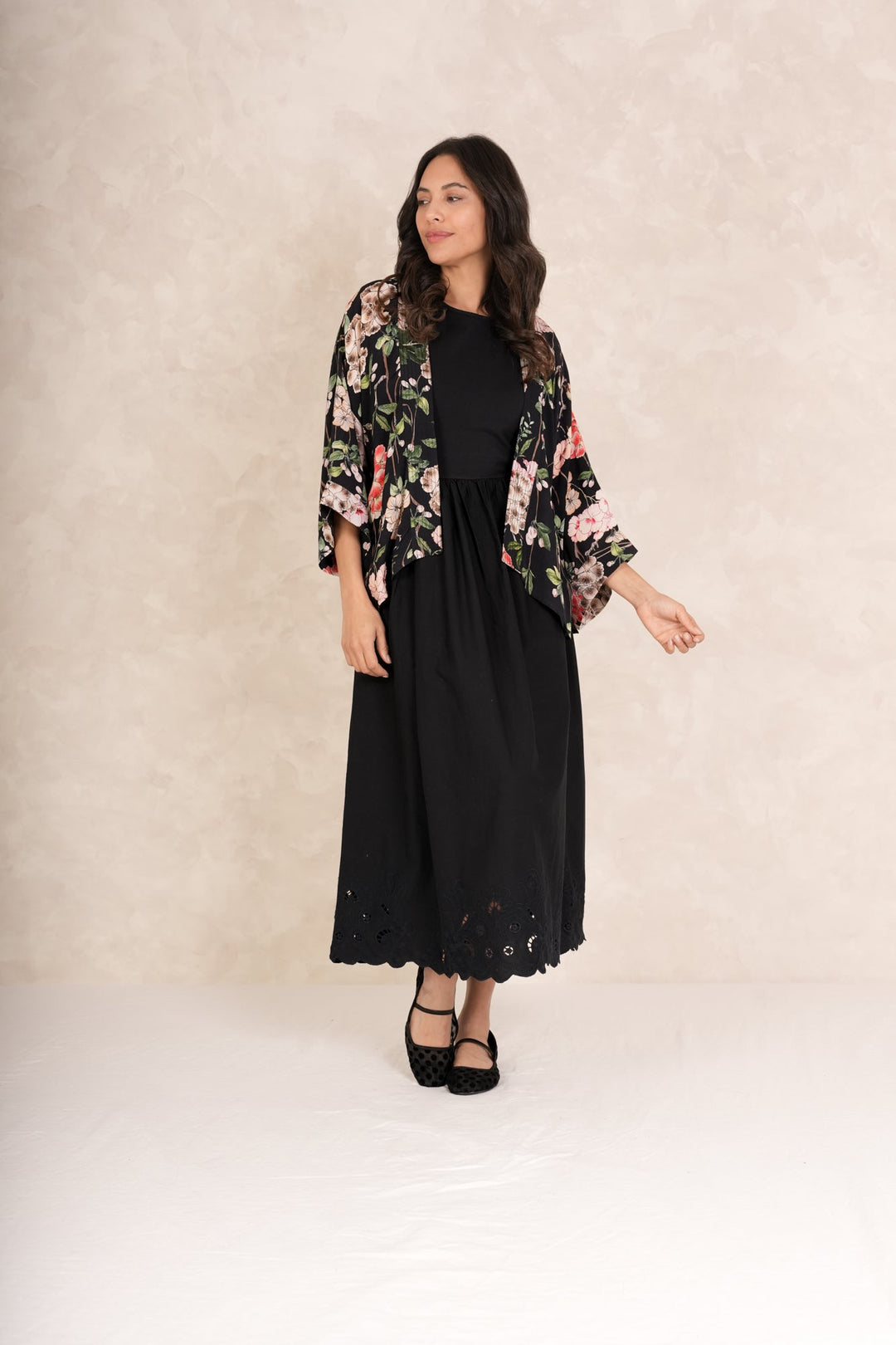 Trailing Blossom Black Crepe Kimono