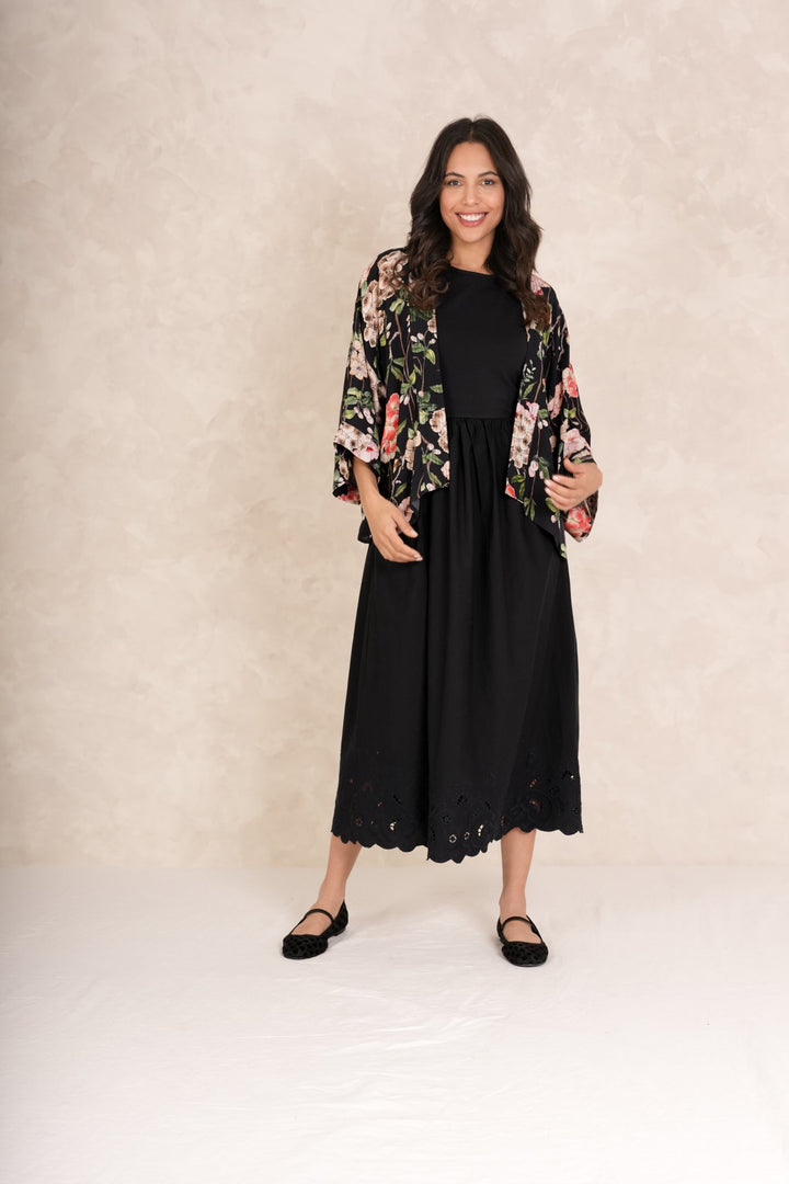 Trailing Blossom Black Crepe Kimono