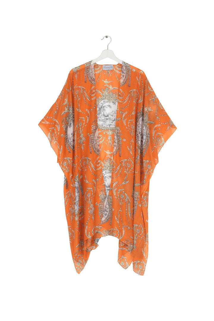 Women's lightweight throwover shawl in orange with valentine floral print by One Hundred Stars