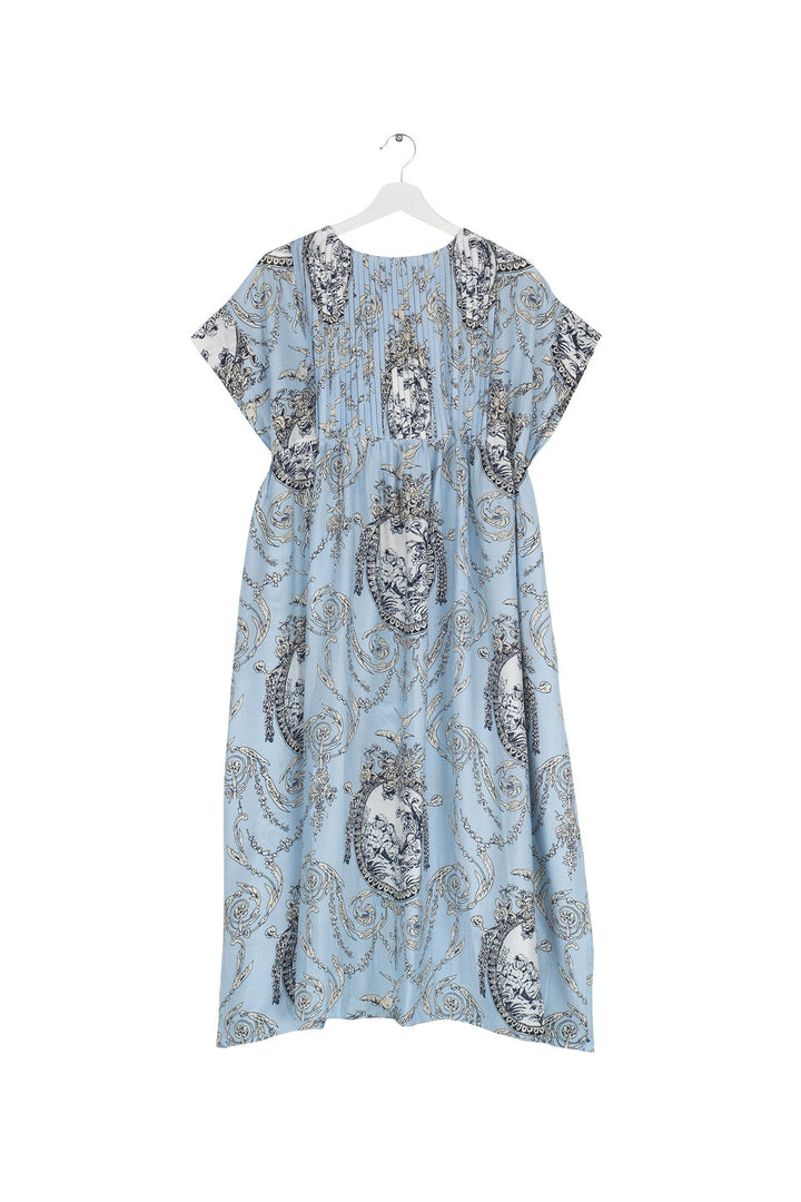 Ladies midi dress with pleated detail in valentine sky print by one hundred stars