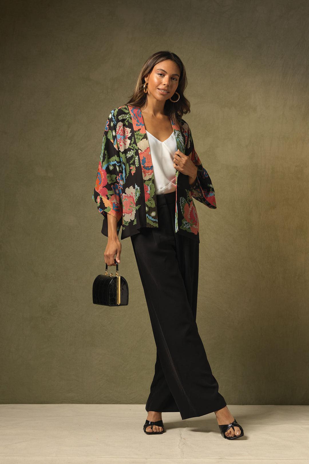 Woven Flower Black Crepe Kimono