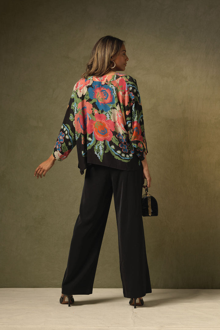 Woven Flower Black Crepe Kimono