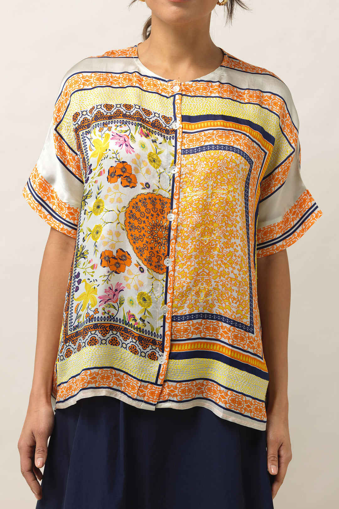 Embroidered Saffron Silk Tea Blouse