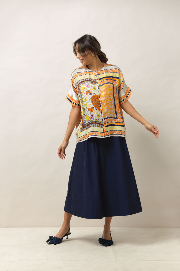 Embroidered Saffron Silk Tea Blouse
